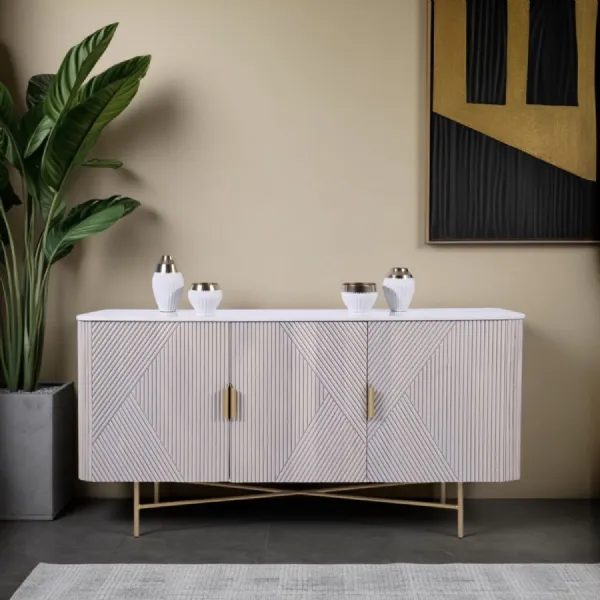 Modern White Fluted Mango Wood 3 Door Sideboard with Marble Top
