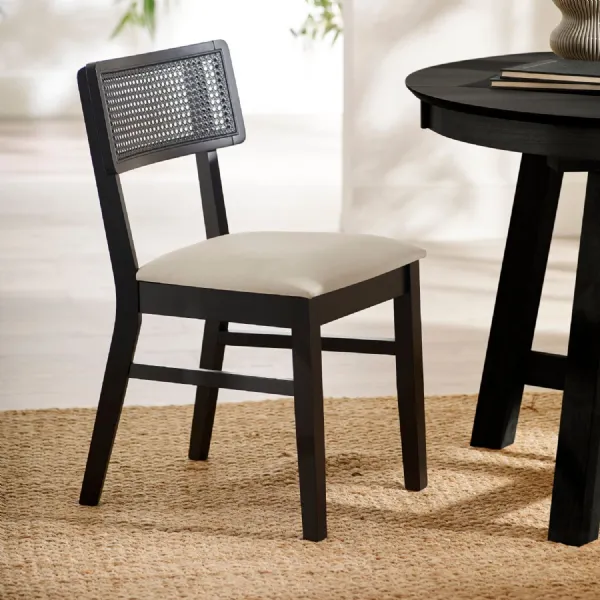 Annika Set Of 2 Satin Black Natural Fabric Rattan Back Dining Chairs