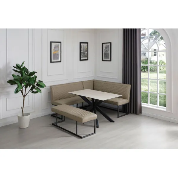 Modern Taupe PU Leather Corner Sofa Dining Set with Black Iron Frame RHF