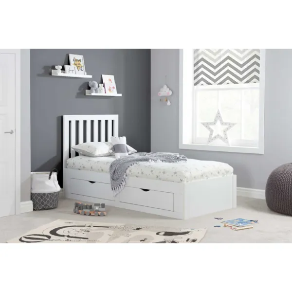 White Wood 4 Drawer Single Storage Bed Slatted Headboard