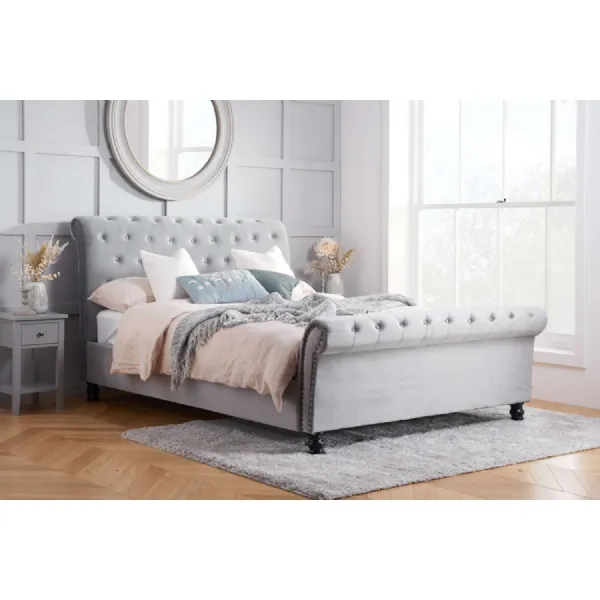 Grey Velvet Super King Size Buttoned Rolled Designed Bed