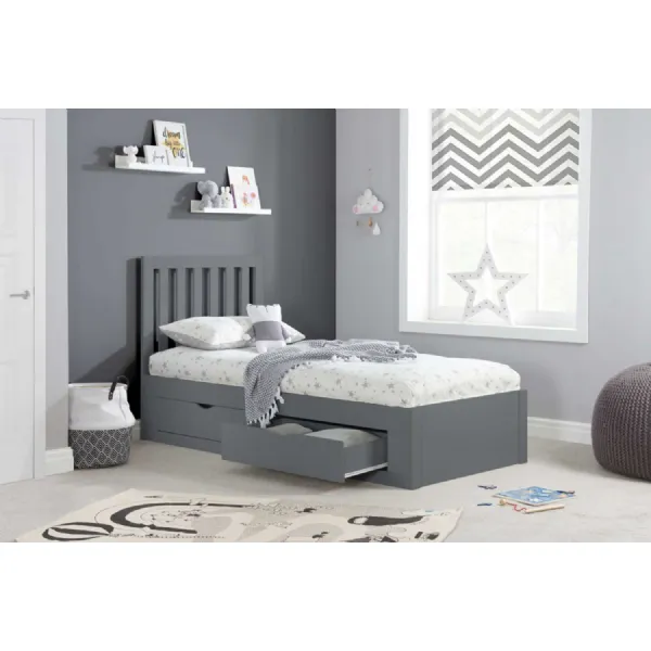 Grey Wood 4 Drawer Single Bed Slatted Headboard