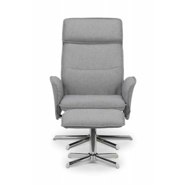 Aria Recliner And Stool With Chrome Base Grey Linen
