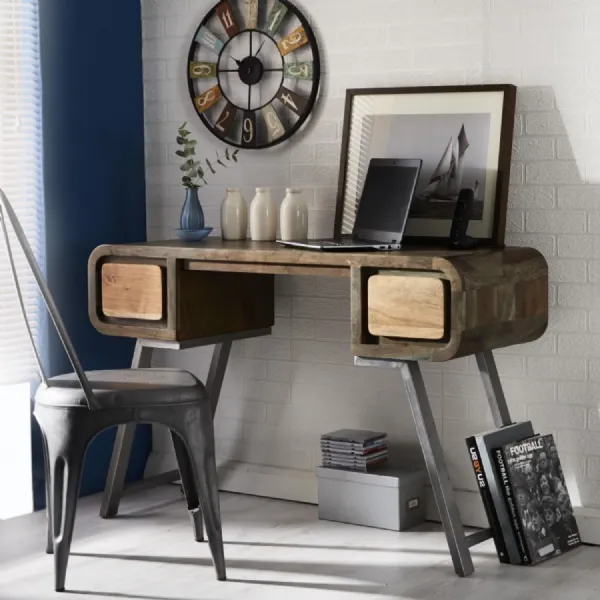 Reclaimed Wood 2 Drawer Desk Console Table Metal Angled Legs