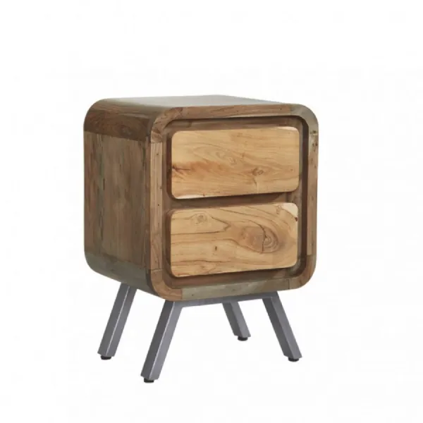 Reclaimed Wood 2 Drawer Lamp Table Metal Angled Legs