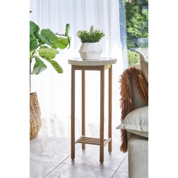 Modern Wood White Round Top Side Lamp Table with Lower Rack
