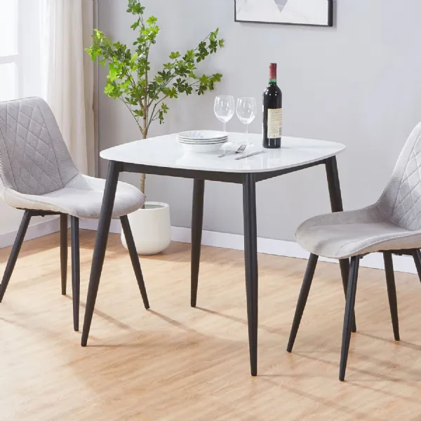 White Marble Effect Square Small Dining Table Tapered Legs