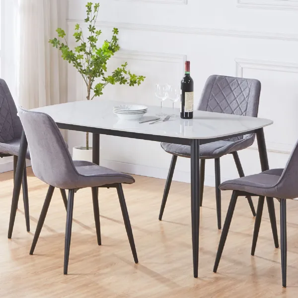 White Marble Effect 140cm Dining Table Black Metal Legs