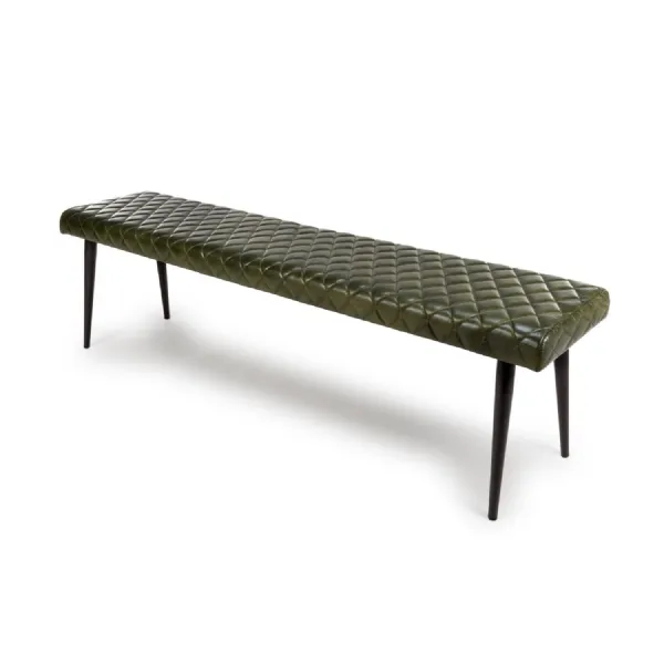 Green Leather 160cm Large Dining Bench Black Metal Legs