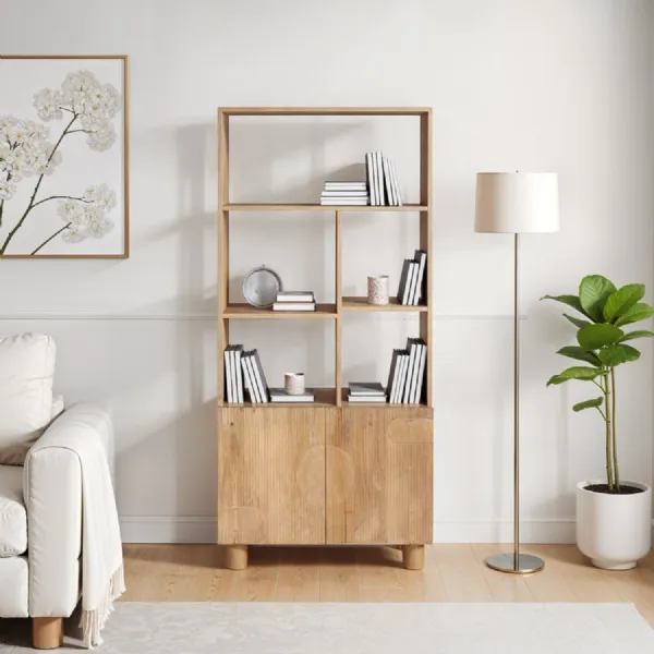 Mango Wood Lacquered 2 Door Tall Open Bookcase Fluted Design