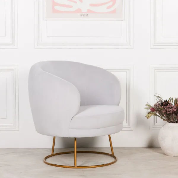 Art Deco Light Grey Velvet Tub Chair with Gold Painted Base