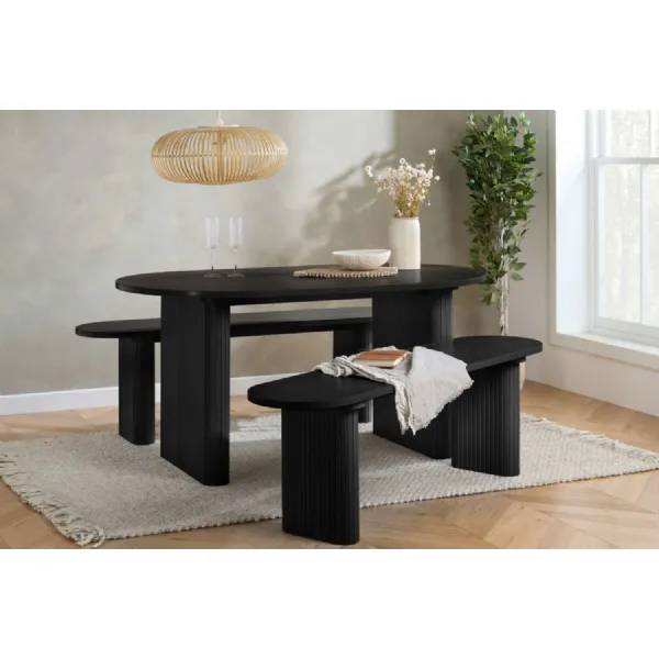 Black Wood Large Oval Fluted Dining Table Set with 2 Benches
