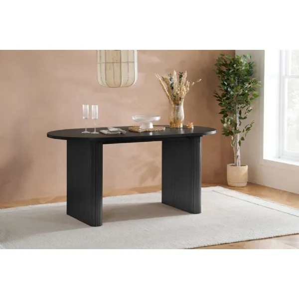 Black Wood 160cm Large Oval Dining Table with Fluted Legs
