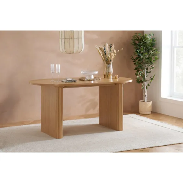 Oak Effect Wood Large 160cm Oval Dining Table Fluted Legs