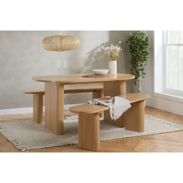 Oak Effect Wood Large Oval Fluted Dining Table Set 2 Benches
