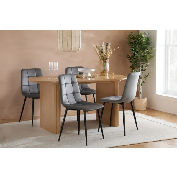 Oak Effect Wood Fluted Oval Dining Set with 4 Fabric Chairs