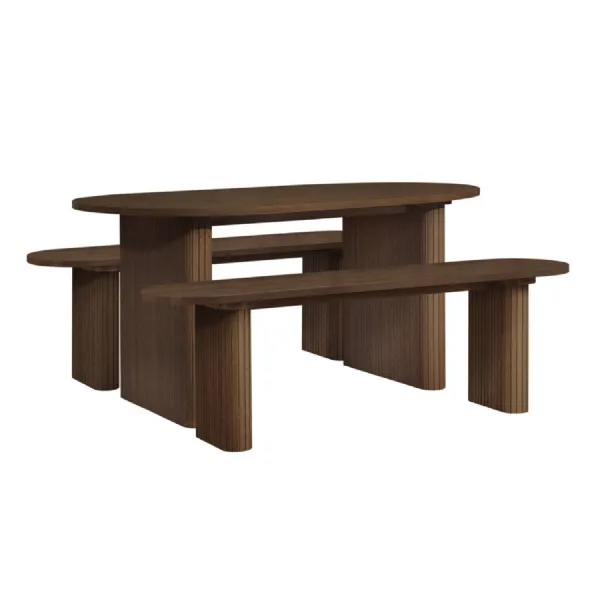 Walnut Effect Wood Oval Fluted Dining Table Set 2 Benches