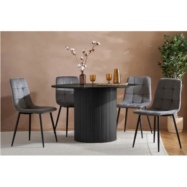Black Wood Round Fluted Dining Set with 4 Fabric Chairs