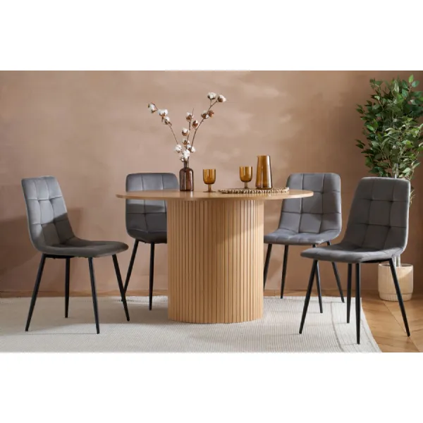 Oak Effect Wood Round Fluted Dining Set with 4 Fabric Chairs