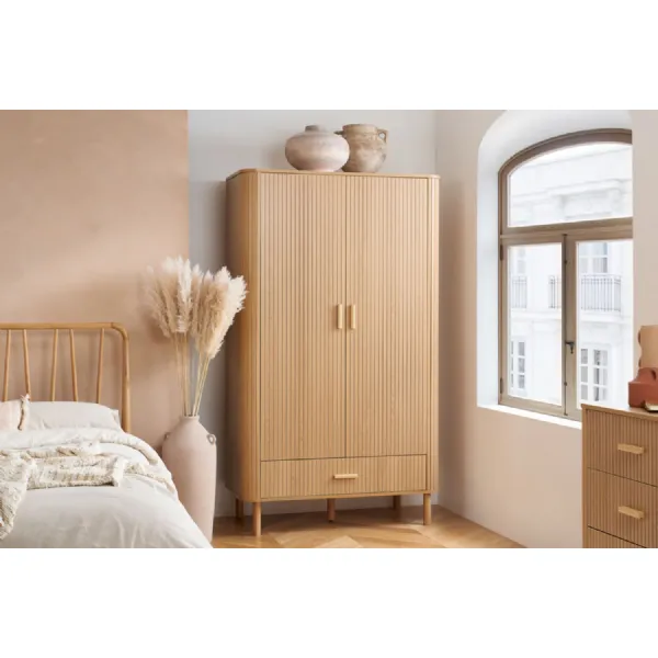 Brown Oak 2 Door 1 Drawer Double Fluted Wardrobe
