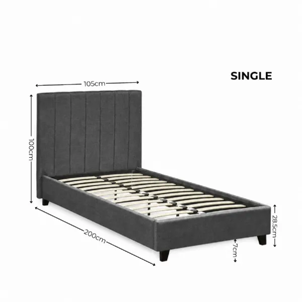Aylen Dark Grey Faux Linen Upholstered 90cm Single Bed Frame