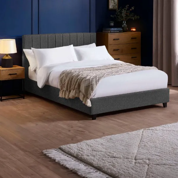 Aylen Dark Grey Faux Linen Upholstered 135cm Double Bed Frame
