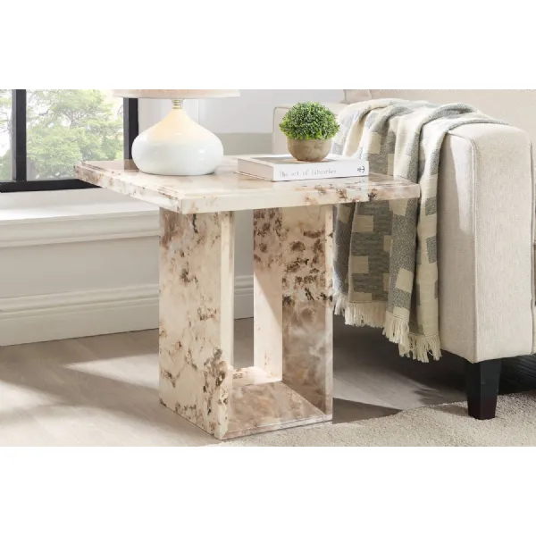 Mocha Gloss Finish Marble Square Lamp Table