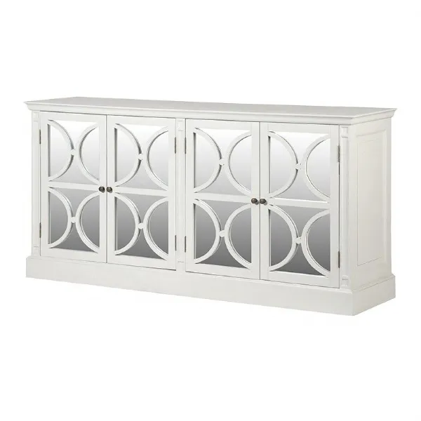 Large White Painted Sideboard 4 Mirrored Glass Doors Geometric Design 189cm Wide