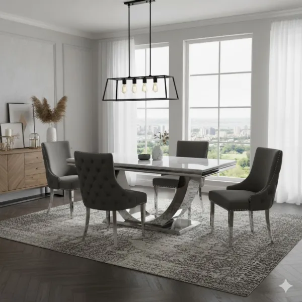White Marble 180cm Large Dining Table Set 6 Dark Grey Chairs
