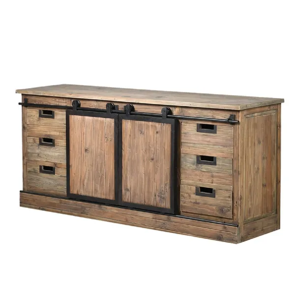 Recycled Pine 6 Drawer Sideboard with Double Sliding Doors