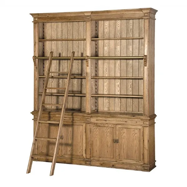 Natural Antiqued Oak Library 4 Door Bookcase With Ladder
