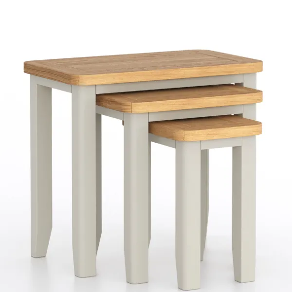 Classic Style Grey Painted Nest of 3 Tables with Natural Oak Tops