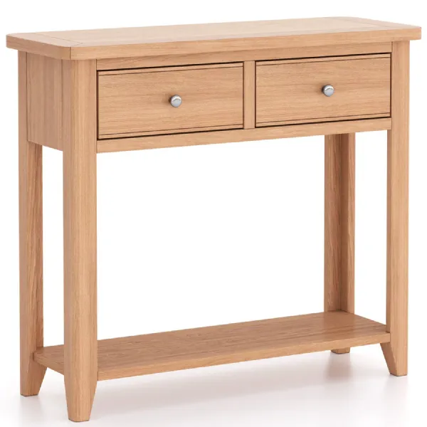 Modern Solid Oak Console Table with 2 Drawers and Lower Shelf