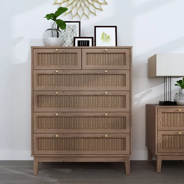 Oak Wooden 5 Rattan Front Drawer Chest with Gold Handles