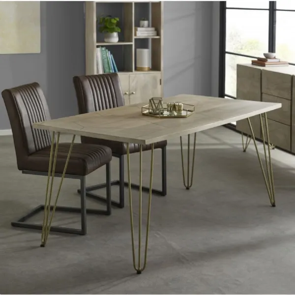 Light Mango Wood 160cm Large Dining Table Gold Hairpin Legs