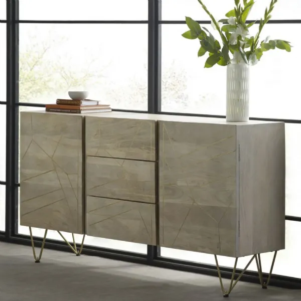 Retro Light Gold Wood 2 Door 3 Drawer 160cm Wide Sideboard