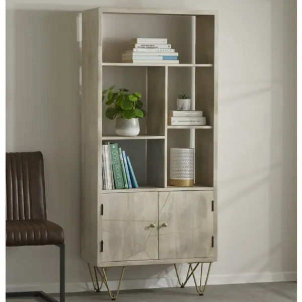 Light Mango Wood 2 Door Large Open Bookcase Gold Inlays