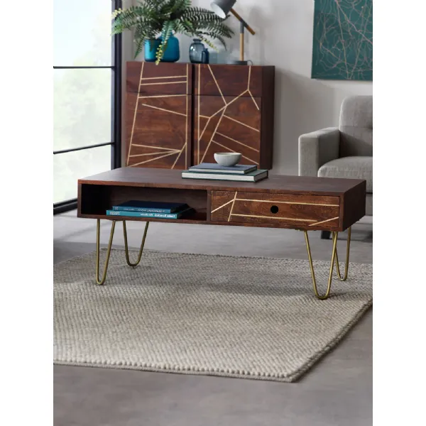 Dark Wood 2 Drawer Rectangular Coffee Table Hairpin Legs