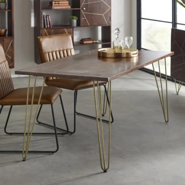 Dark Mango Wood 160cm Large Dining Table Gold Hairpin Legs