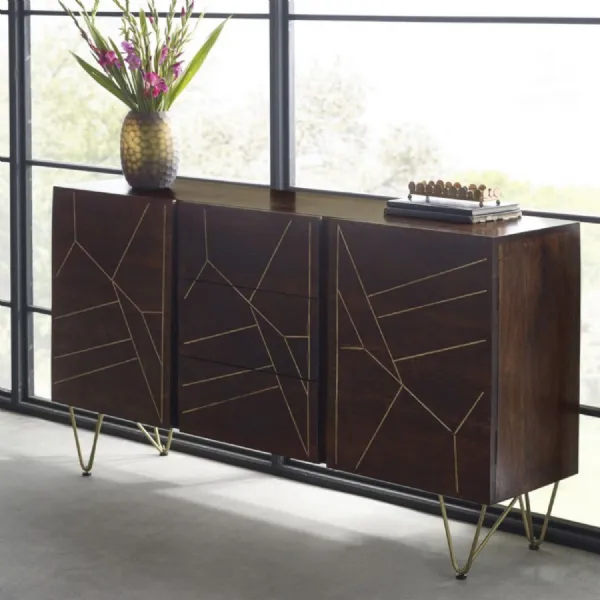 Retro Dark Gold Wood 2 Door 3 Drawer 160cm Wide Sideboard