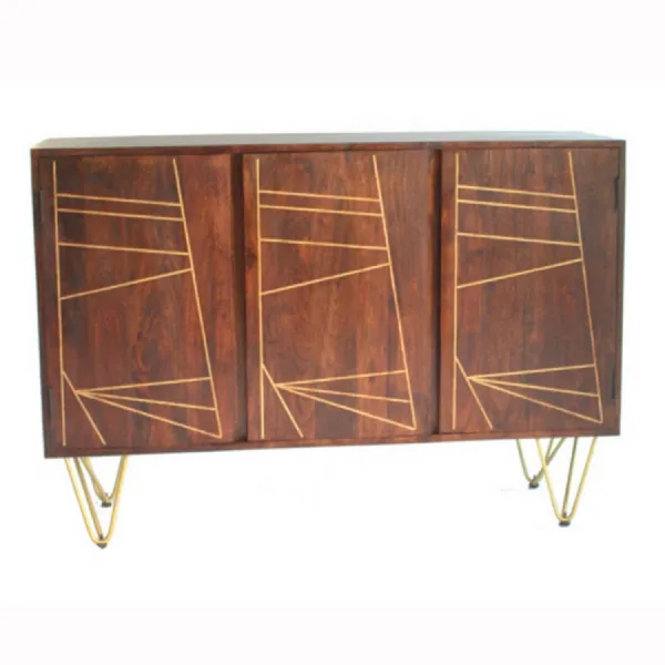 Dark Mango Wood 3 Door Large Sideboard Gold Hairpin Legs