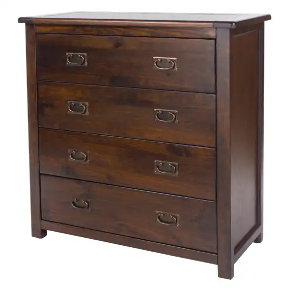 Large Dark Pine Wood Chest of 4 Drawers Brass Metal Handles