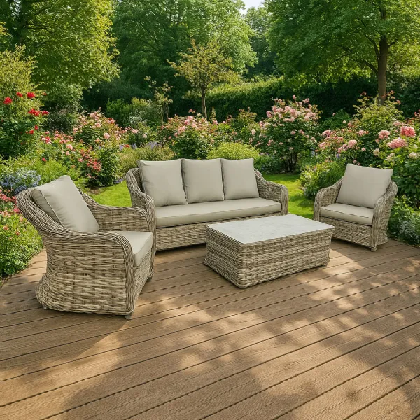 Beige Rattan Garden 3 Seater Sofa Set with Coffee Table