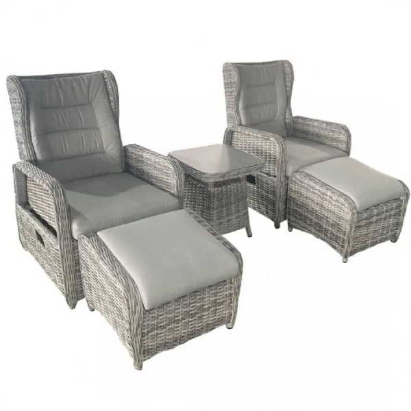 Grey Rattan Garden Reclining Lounge Set with Footstools