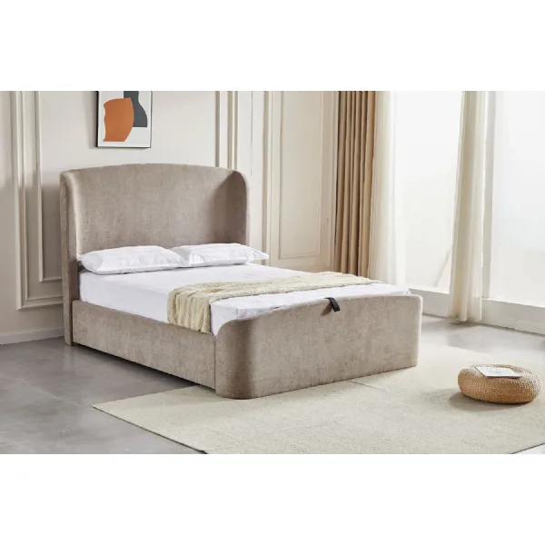 Beige Fabric Double Ottoman Bed with Wing Headboard