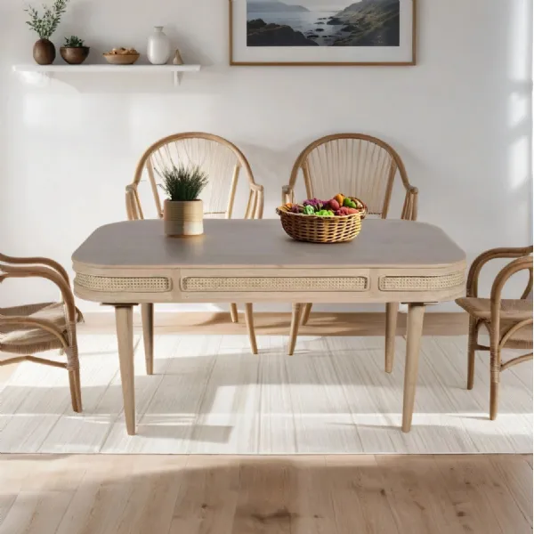 Natural Mango Wood 165cm Large Dining Table Cane Detailing