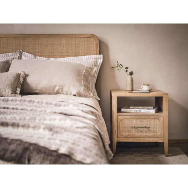Brown Oak Rattan Front Bedside Table with Drawer