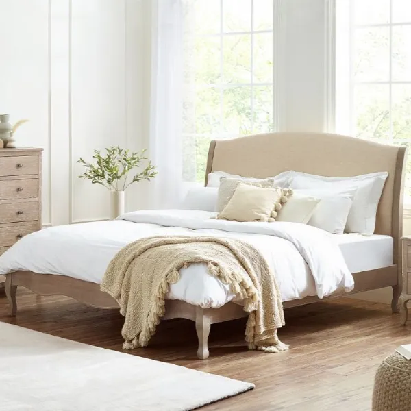 Limed Oak 5ft King Size Bed with Oatmeal Linen Upholstered Headboard