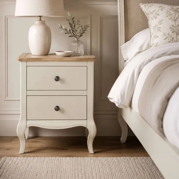 Camille French Style 2 Drawer Bedside Table Ivory Limed Oak