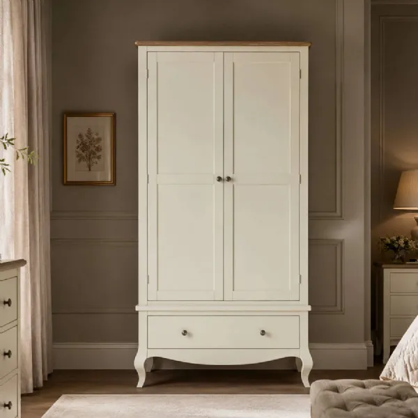 Camille French Style 2 Door 1 Drawer Wardrobe Ivory Limed Oak